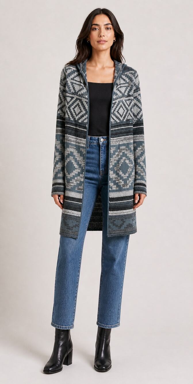 Grifflin Paris Aztec Hooded Long Open Cardigan Sweater Womens Size Small Gray